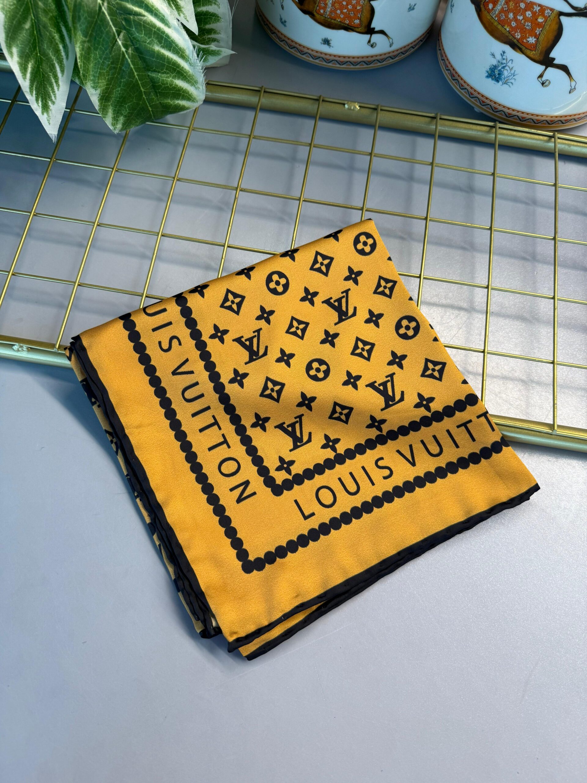 LV Desen Vual İpek Eşarp - Hardal Sarı