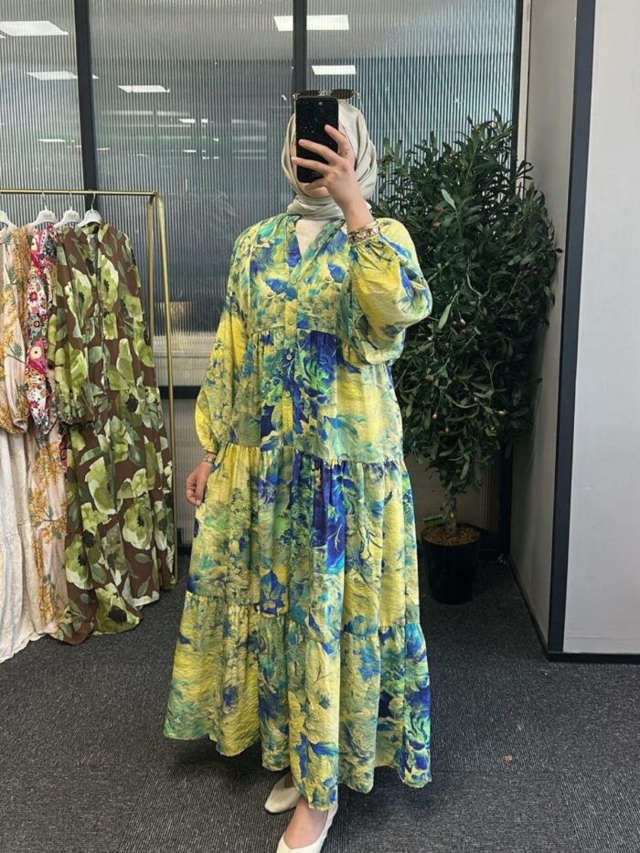 Tropik Rüya Katlı Maxi Elbise - Sarı