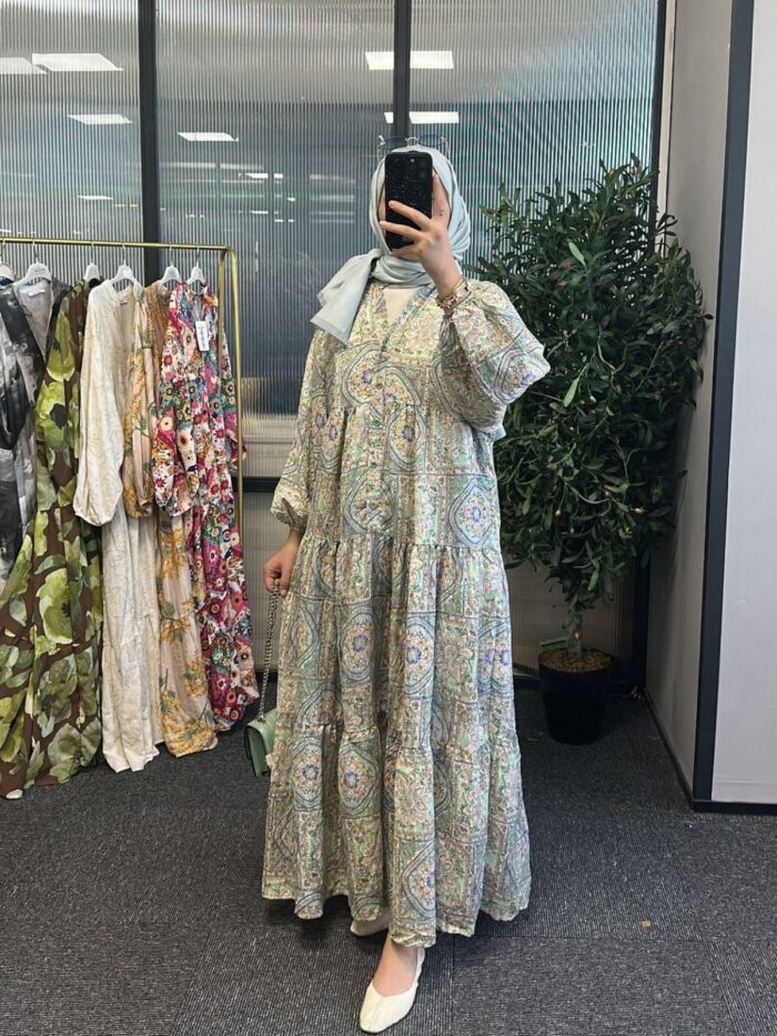 Vintage Mozaik Katlı Elbise - Mint Çini