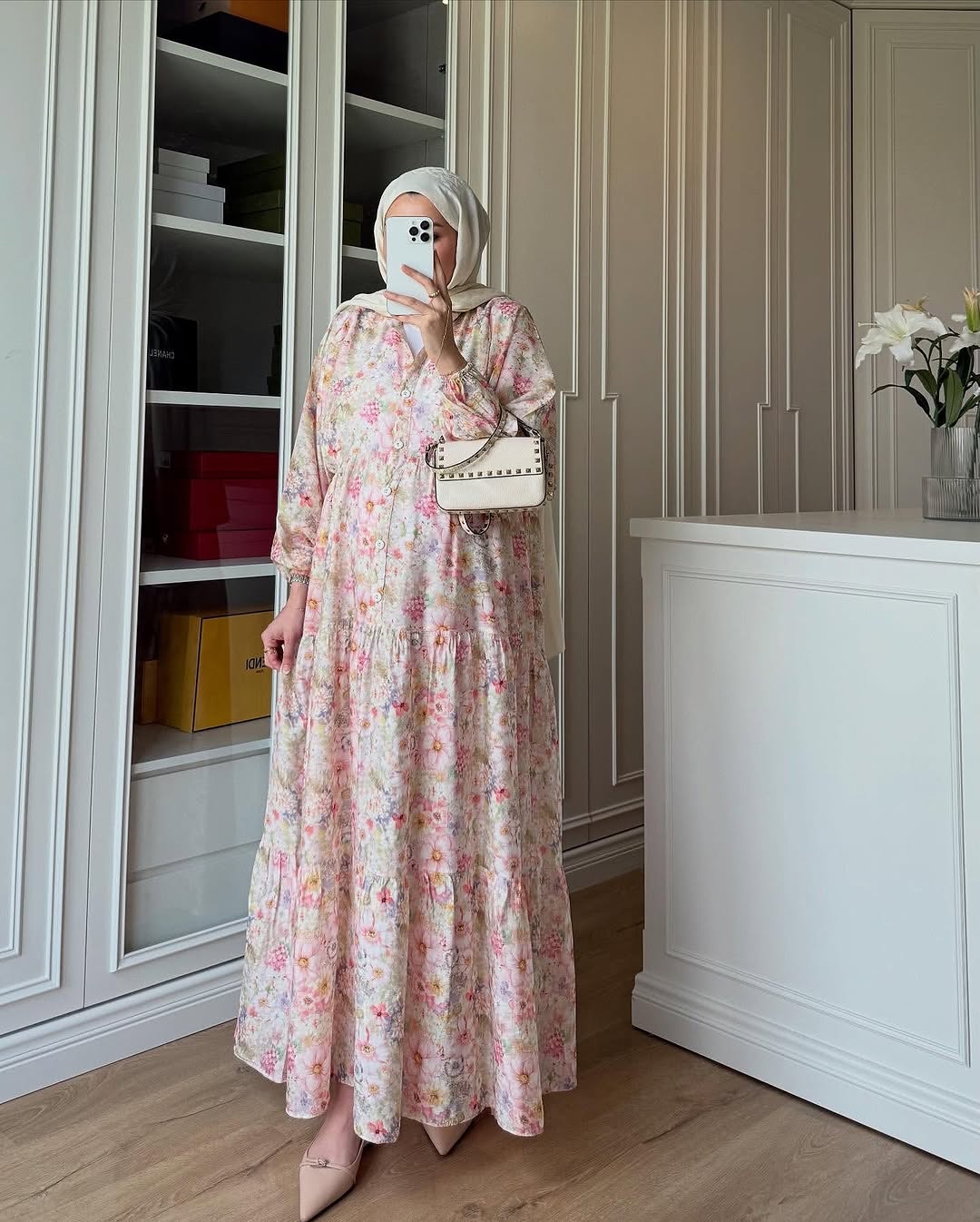 Eleya Çiçek Harmanı Elbise- Krem - Görsel 3