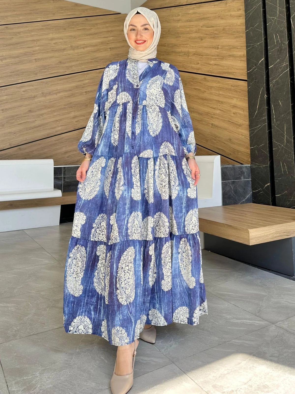 Damask Desen Elbise AS10486- Mavi