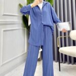 Nora Düğmeli Keten Takım  TK10046 – Mavi