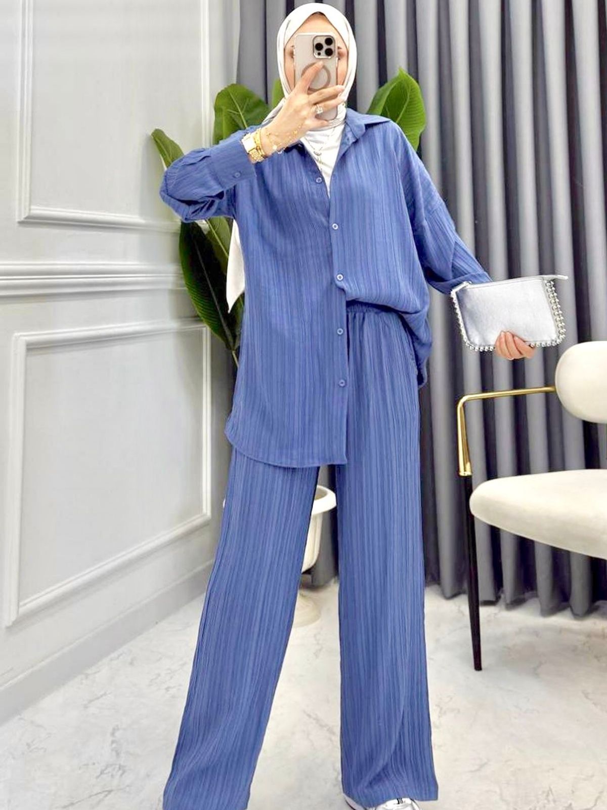 Nora Düğmeli Keten Takım TK10046 – Mavi