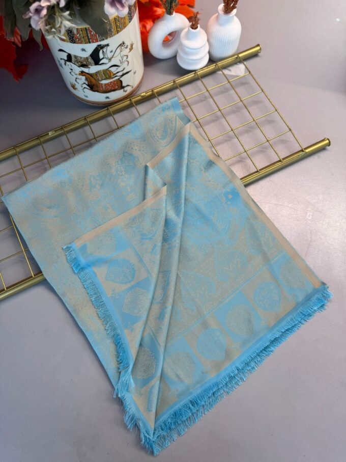 Bella Kendinden Dokulu Çift Taraflı İpek Şal - 4598 - Okyanus