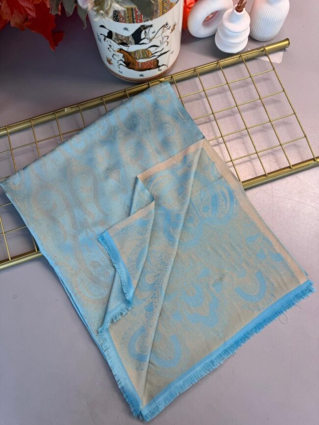 Dubai Kendinden Dokulu Çift Taraflı İpek Şal - 5252- Mavi