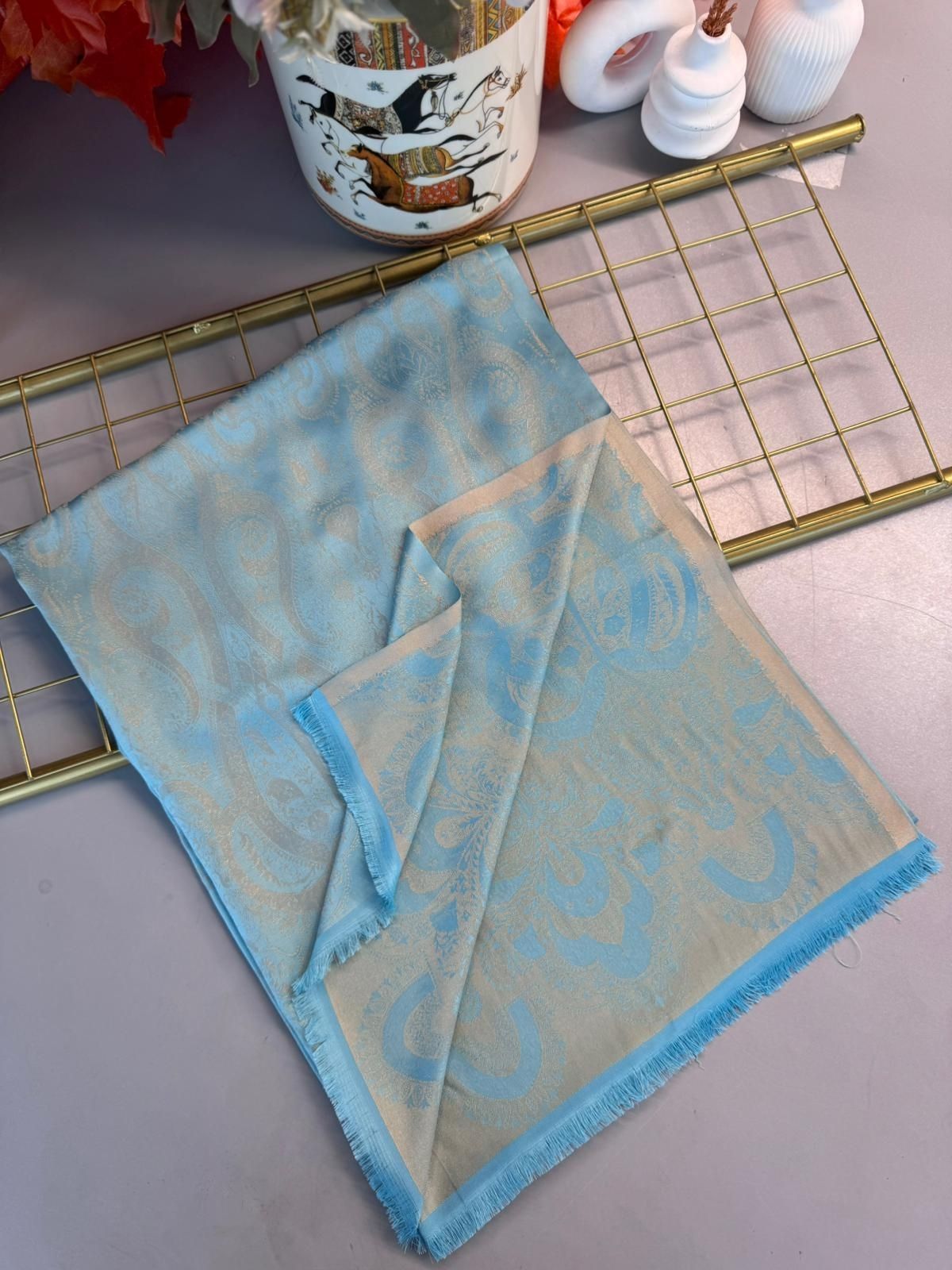 Dubai Kendinden Dokulu Çift Taraflı İpek Şal - 5252- Mavi