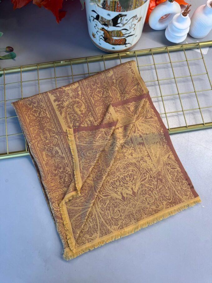 Liva Kendinden Dokulu Çift Taraflı İpek Şal - 9897 - Kahve