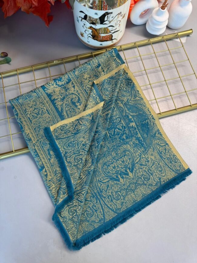 Liva Kendinden Dokulu Çift Taraflı İpek Şal - 9897 - Petrol