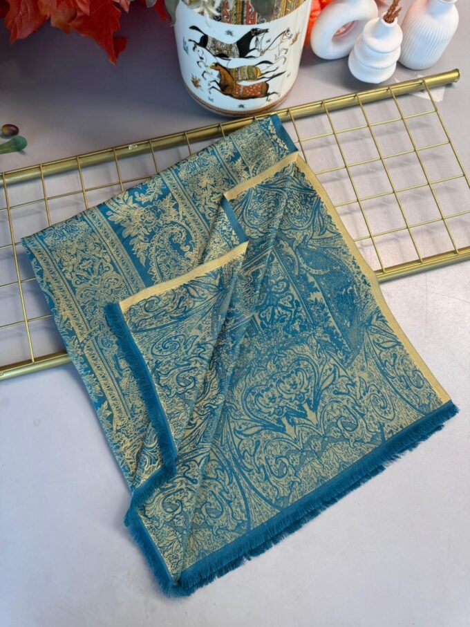 Liva Kendinden Dokulu Çift Taraflı İpek Şal - 9897 - Petrol