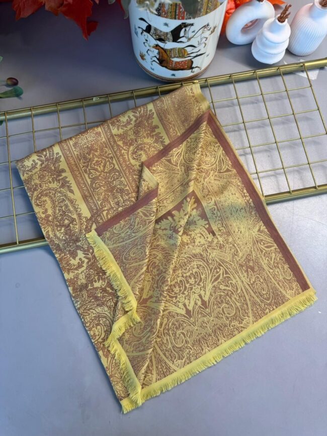 Liva Kendinden Dokulu Çift Taraflı İpek Şal - 9897 - Limon