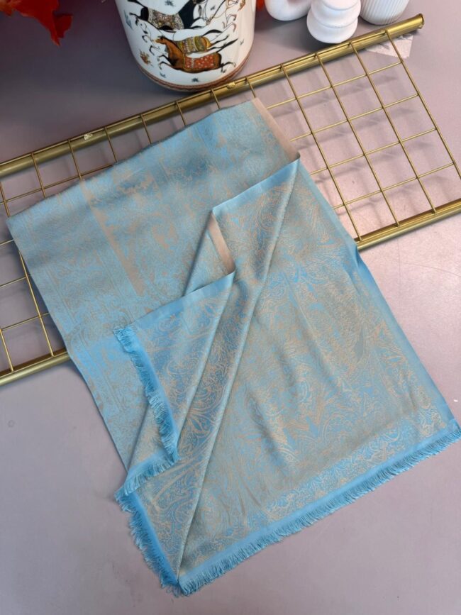 Liva Kendinden Dokulu Çift Taraflı İpek Şal - 9897 -Okyanus