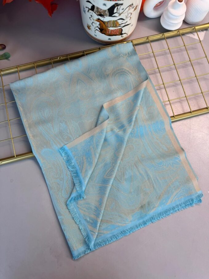 Milano Kendinden Dokulu Çift Taraflı İpek Şal - 8963 -  Mavi