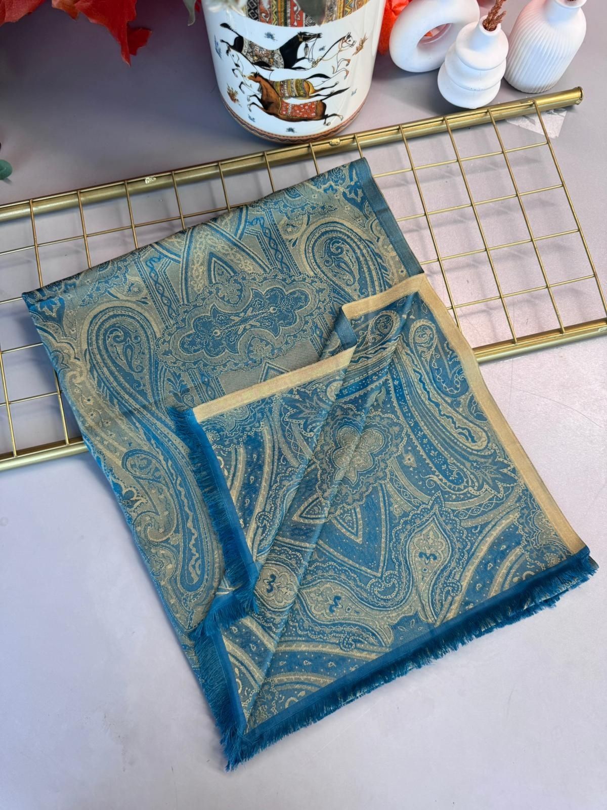 Milano Kendinden Dokulu Çift Taraflı İpek Şal - 8963 -  Petrol