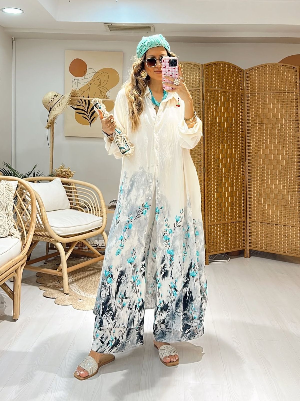 Nil Çiçek Desen İkili Takım TK100140 - Mint Vanilya