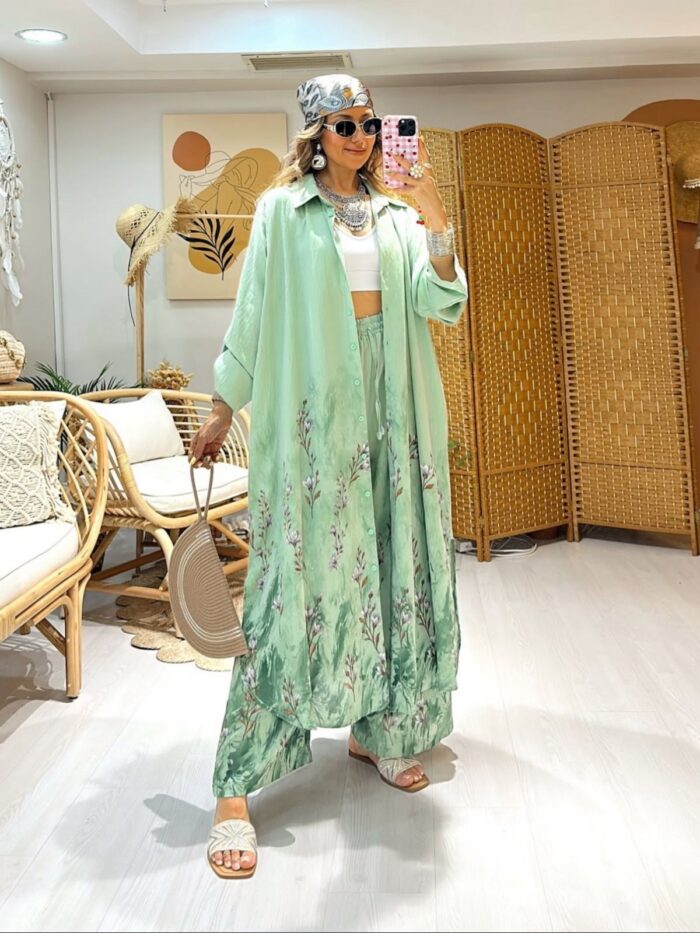 Nil Çiçek Desen İkili Takım TK100141 - Aqua Yeşil