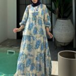 Mimoza Desenli Elbise   L100138  - Mavi