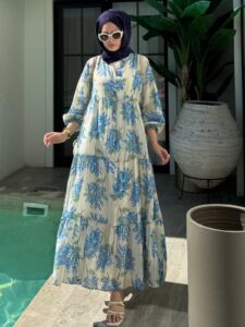 Mimoza Desenli Elbise   L100138  - Mavi