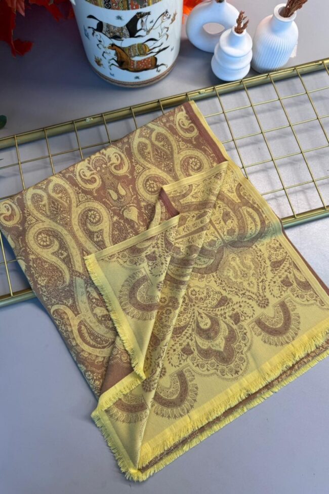 Dubai Kendinden Dokulu Çift Taraflı İpek Şal - 5252- Limon