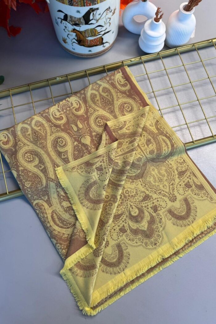 Dubai Kendinden Dokulu Çift Taraflı İpek Şal - 5252- Limon