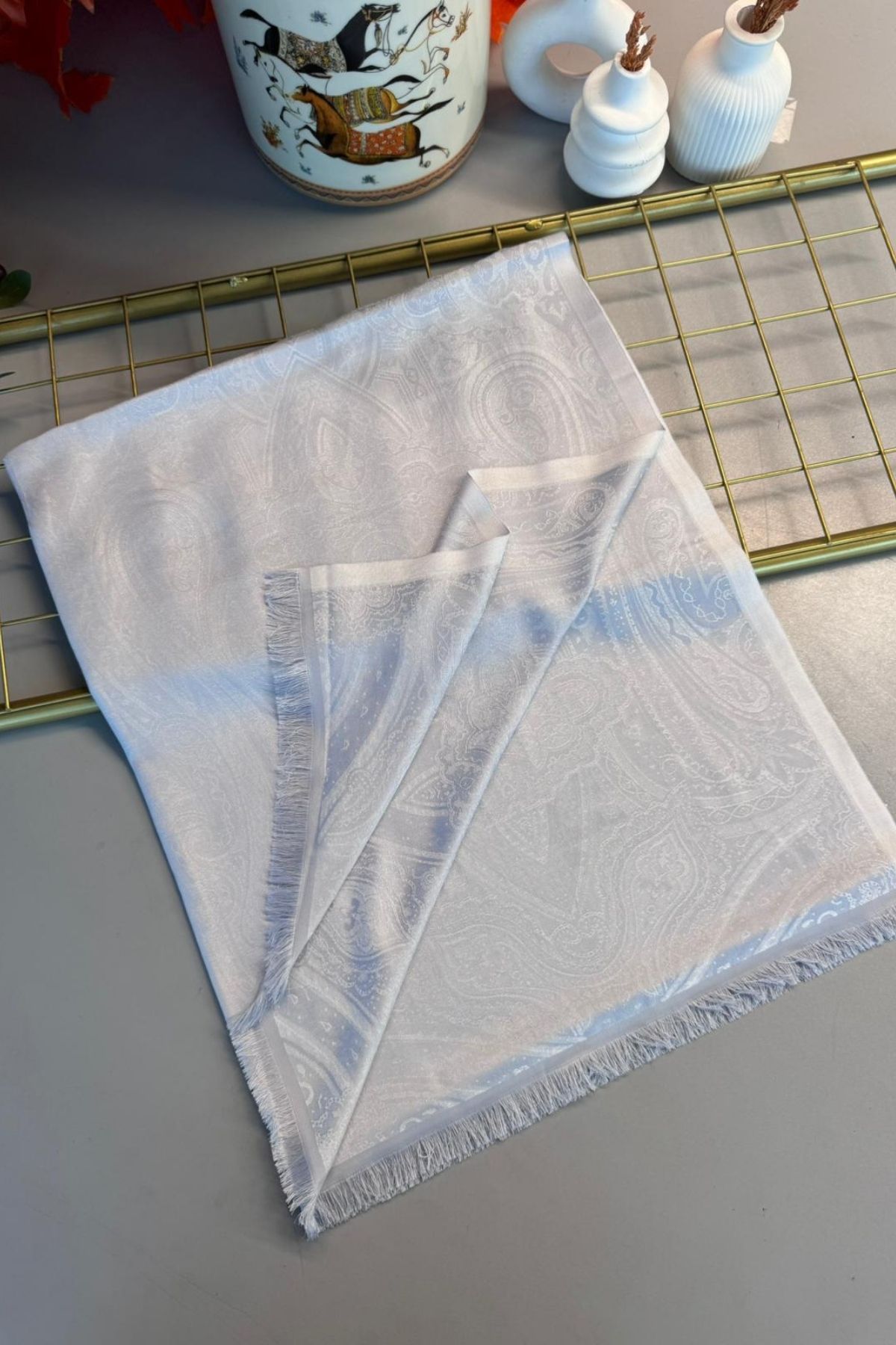 Milano Kendinden Dokulu Çift Taraflı İpek Şal - 8963- Gri