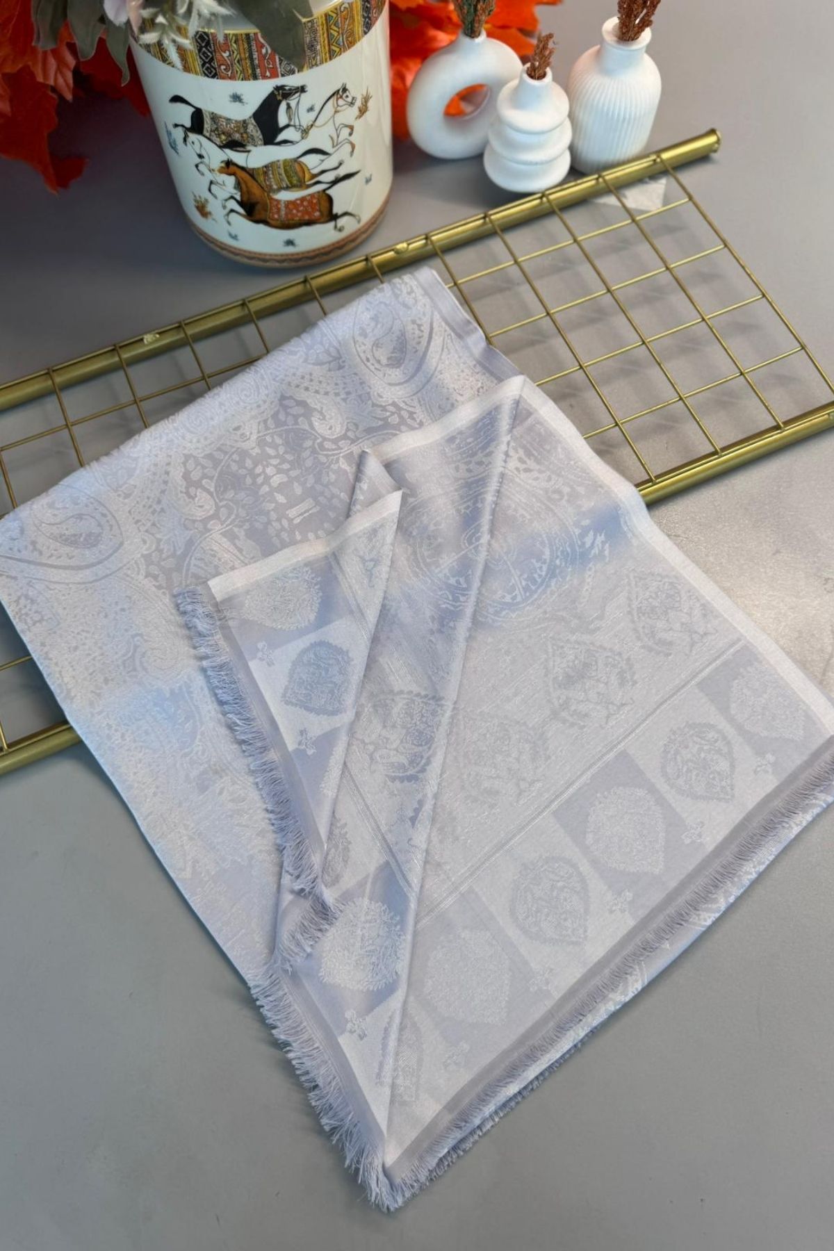 Bella Kendinden Dokulu Çift Taraflı İpek Şal - 4598 - Gri