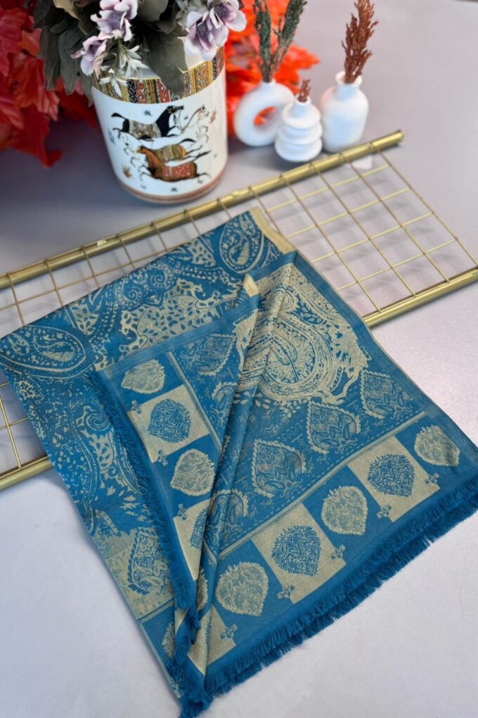 Bella Kendinden Dokulu Çift Taraflı İpek Şal - 4598 - Petrol