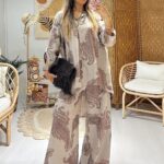 Keten Şal Desen Bol Paça İkili Takım TK100222 - Bej