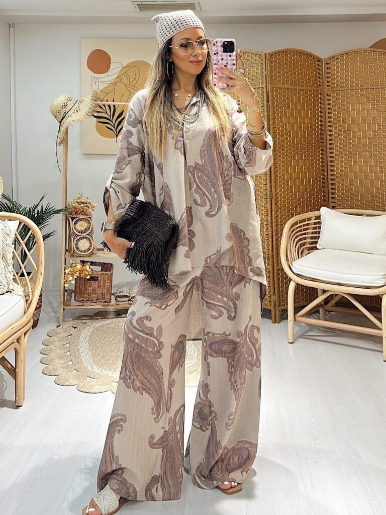 Keten Şal Desen Bol Paça İkili Takım TK100222 - Bej