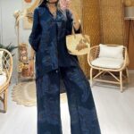 Keten Şal Desen Bol Paça İkili Takım TK100222 - Lacivert