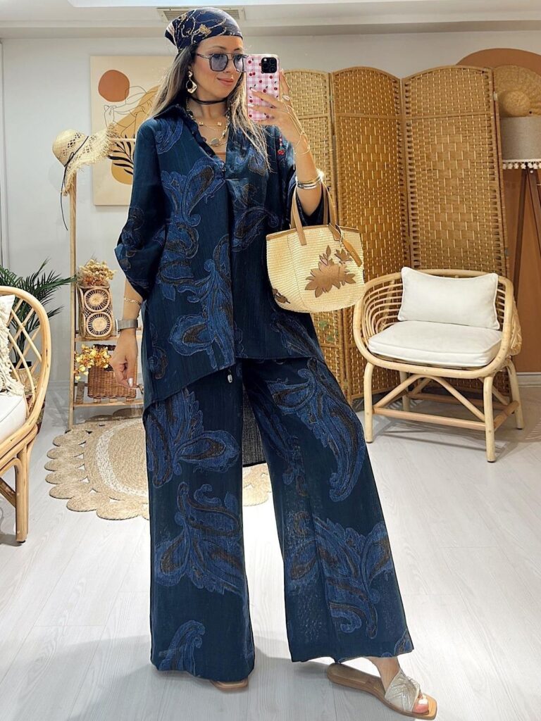 Keten Şal Desen Bol Paça İkili Takım TK100222 - Lacivert