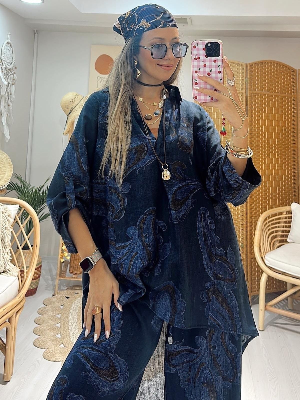 Keten Şal Desen Bol Paça İkili Takım TK100222 - Lacivert - Görsel 2