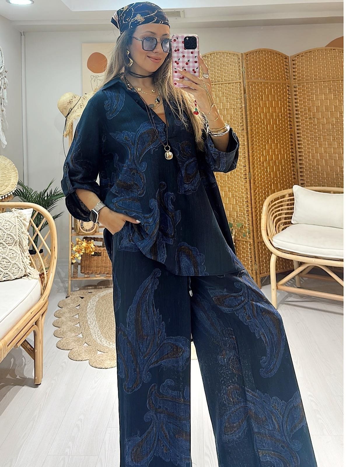 Keten Şal Desen Bol Paça İkili Takım TK100222 - Lacivert - Görsel 3