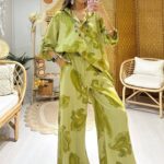 Keten Şal Desen Bol Paça İkili Takım TK100222 -  Lime Yeşil