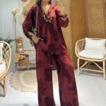Keten Şal Desen Bol Paça İkili Takım TK100222 - Bordo