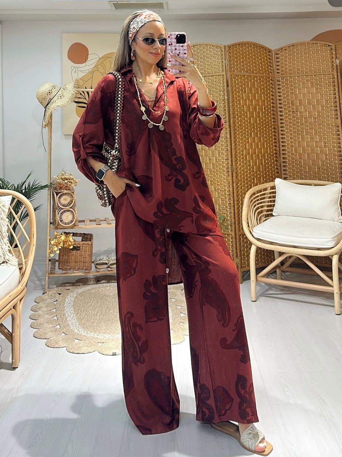 Keten Şal Desen Bol Paça İkili Takım TK100222 - Bordo