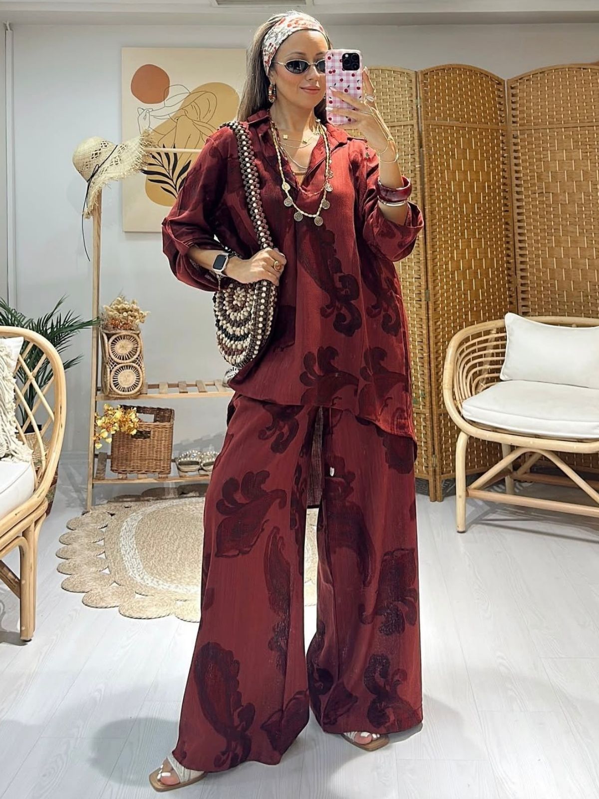 Keten Şal Desen Bol Paça İkili Takım TK100222 - Bordo - Görsel 3