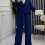 Nora Düğmeli Keten Takım TK10046 – Lacivert