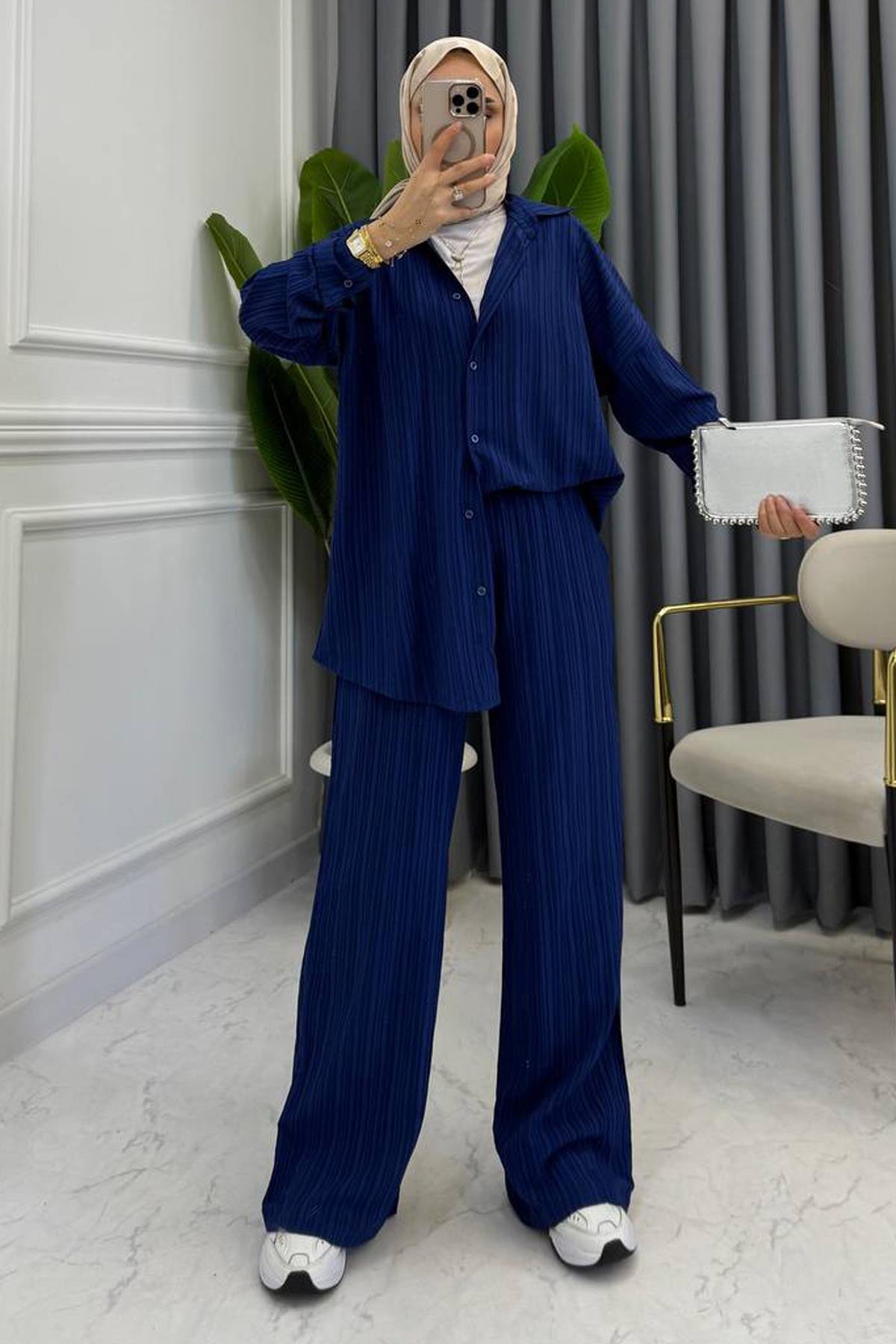 Nora Düğmeli Keten Takım TK10046 – Lacivert