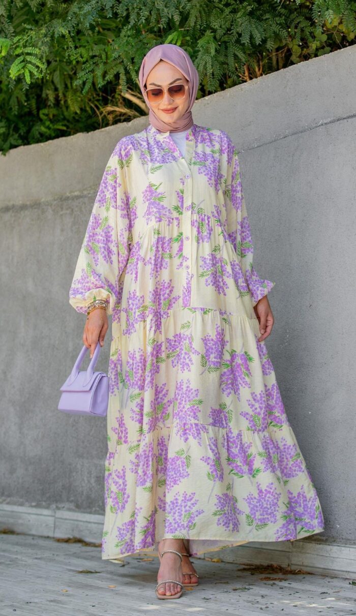 Mimoza Desenli Elbise L100138 -Lavanta