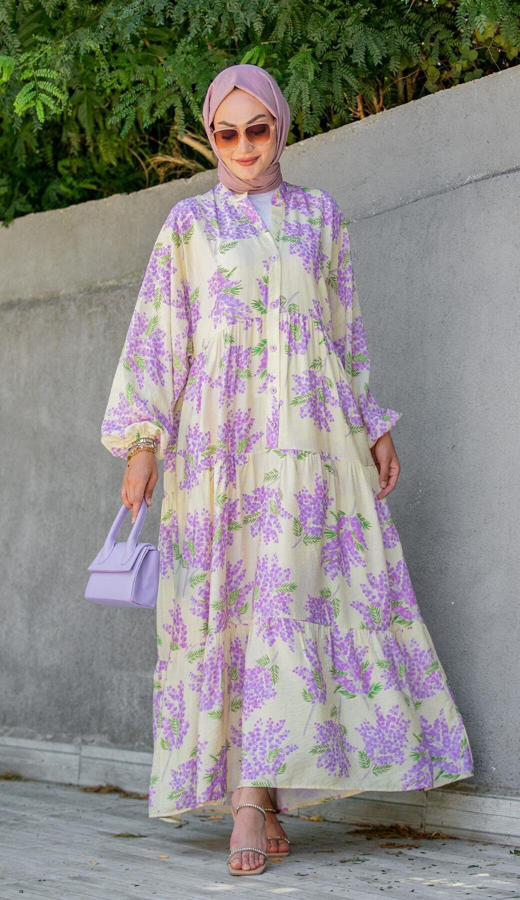 Mimoza Desenli Elbise L100138 -Lavanta