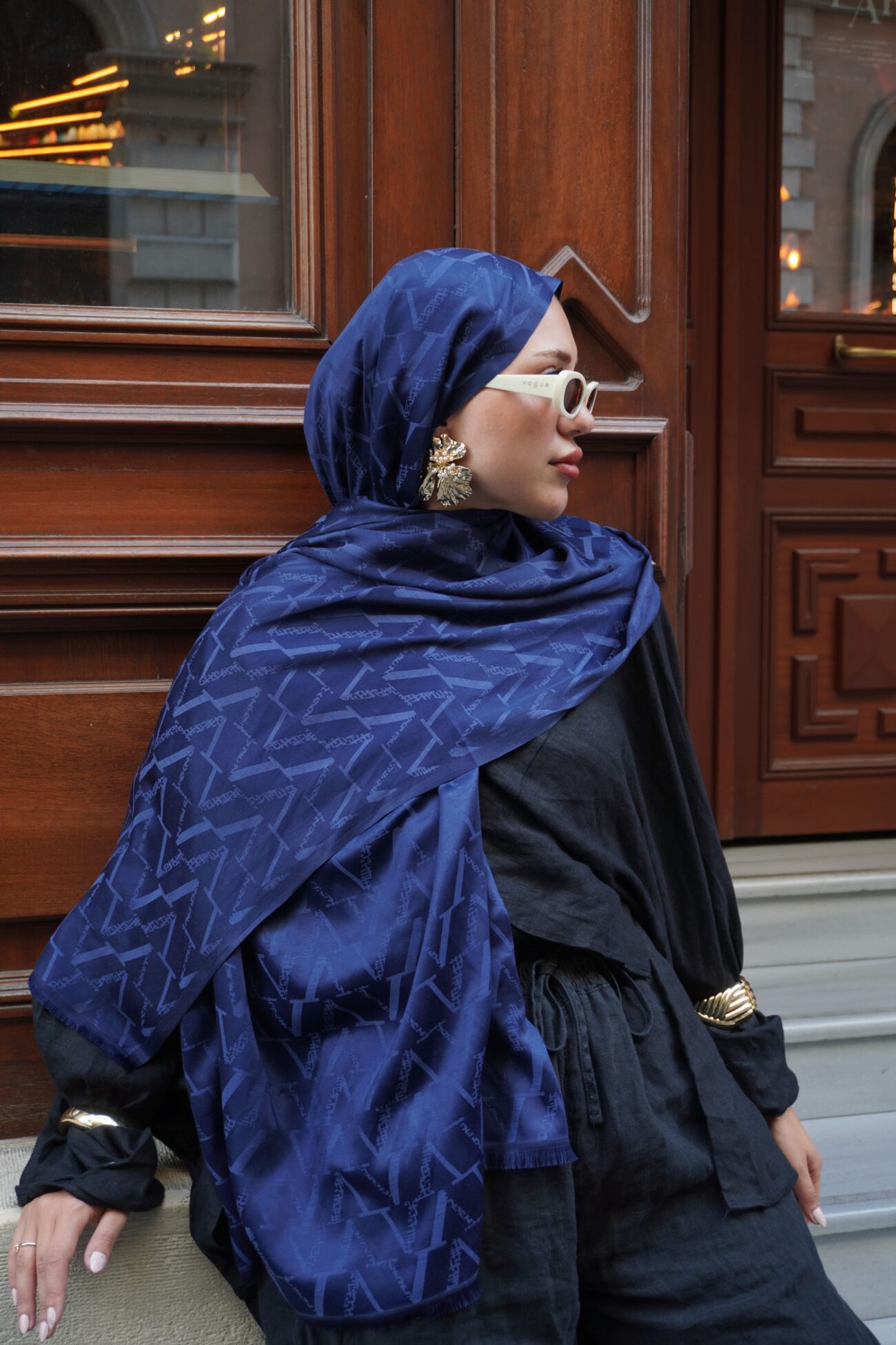 Valentino Çift Taraflı İtalyan Pamuk İpek Şal 44117 - Lacivert