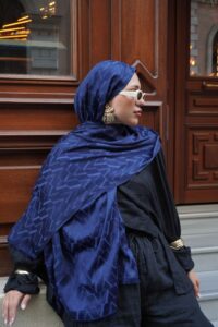 Valentino Çift Taraflı İtalyan Pamuk İpek Şal 44117 - Lacivert