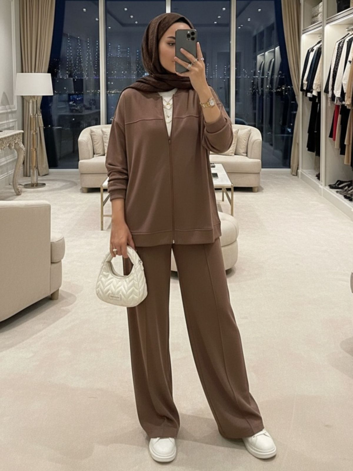 Fermuarlı Basic İkili Takım BÜYÜK BEDEN TK2962   - Karamel