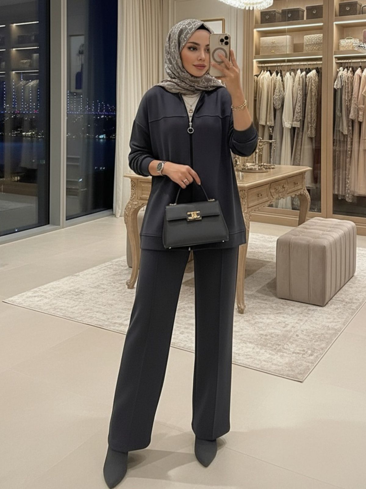 Fermuarlı Basic İkili Takım BÜYÜK BEDEN  TK2962  -  Füme