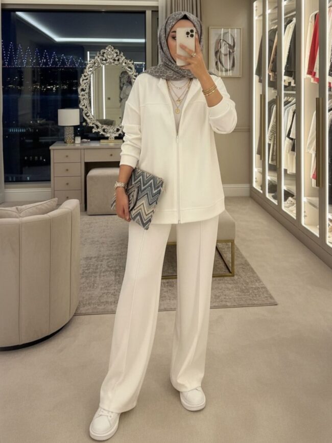 Fermuarlı Basic İkili Takım BÜYÜK BEDEN TK2962 - Beyaz İnci