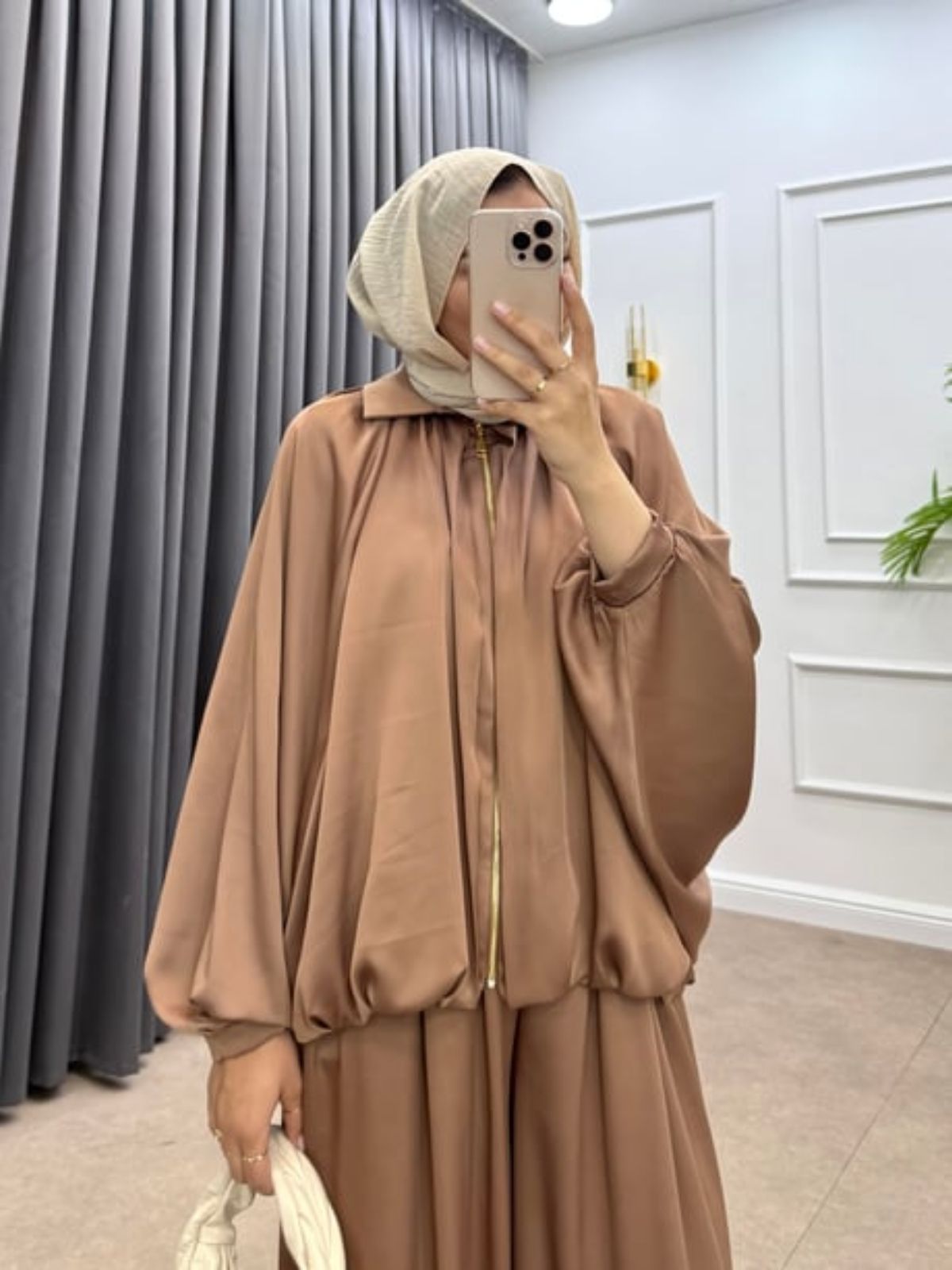 Saten Bomber Ceket Pantolon İkili Takım TK100238  - Taba - Görsel 2