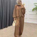 Saten Bomber Ceket Pantolon İkili Takım TK100238  - Taba