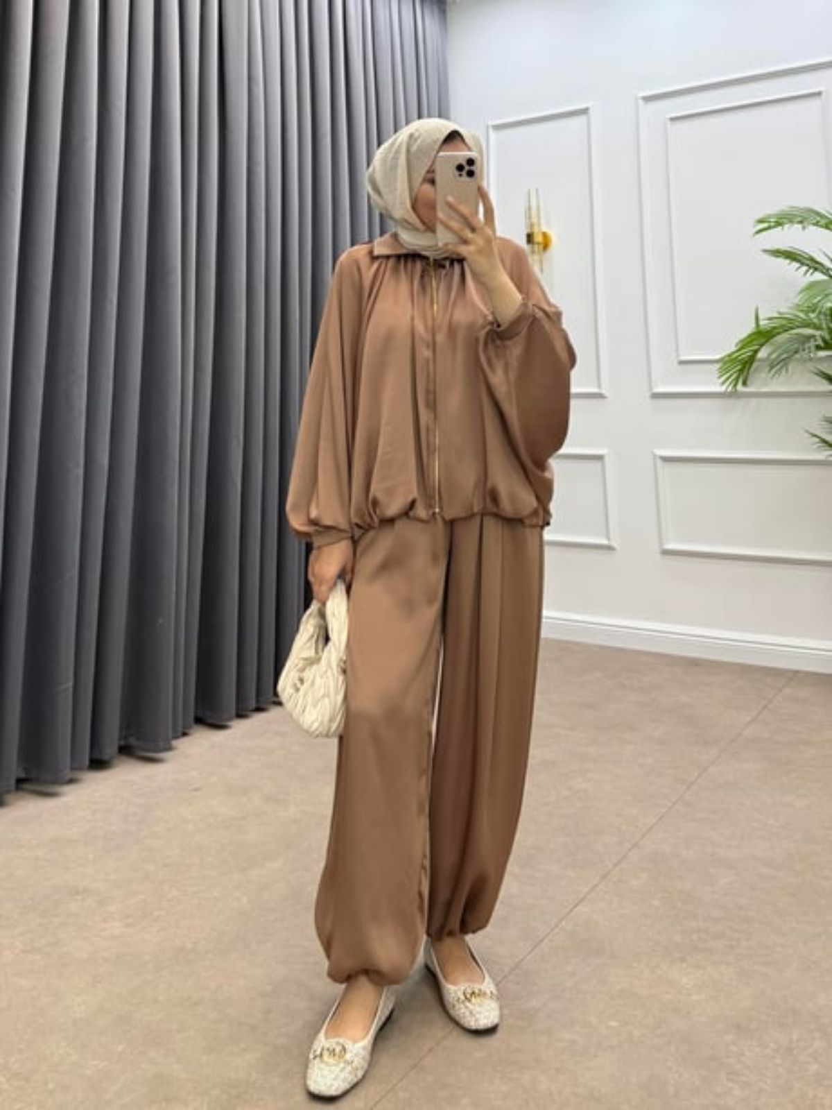 Saten Bomber Ceket Pantolon İkili Takım TK100238  - Taba