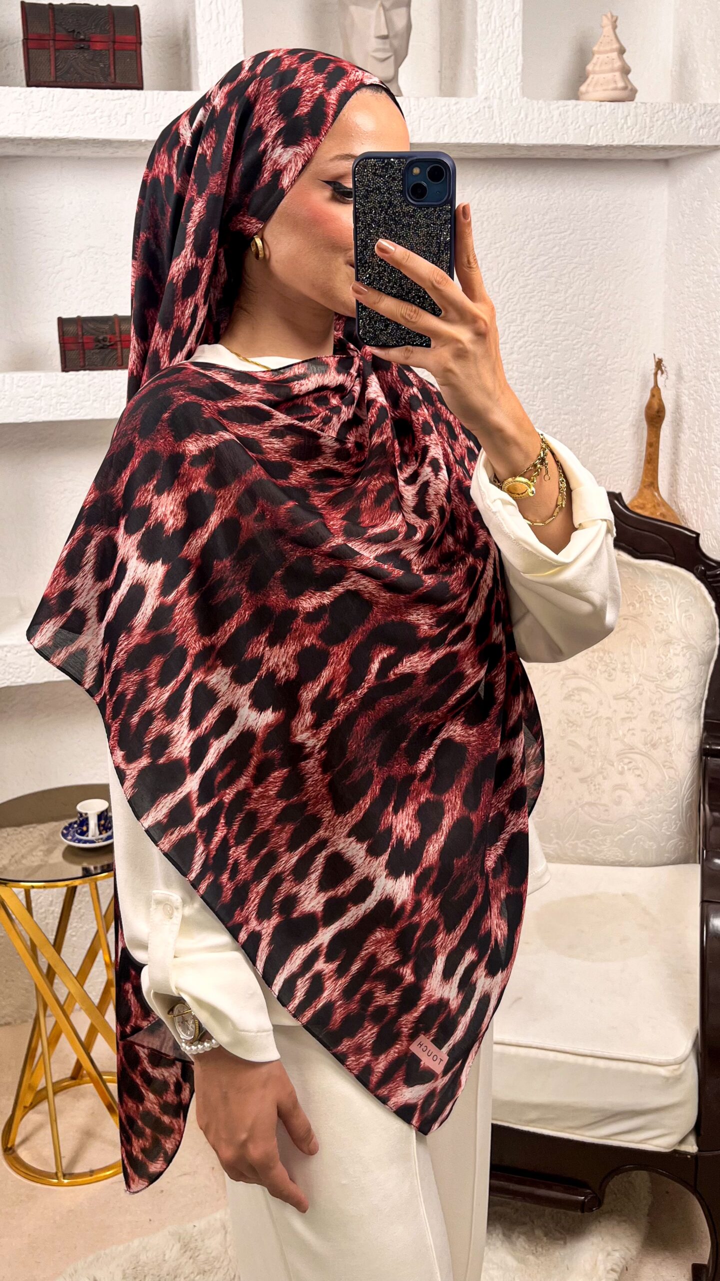 Leopar Desen Pamuk İpek Şal 44110 - Bordo - Görsel 2