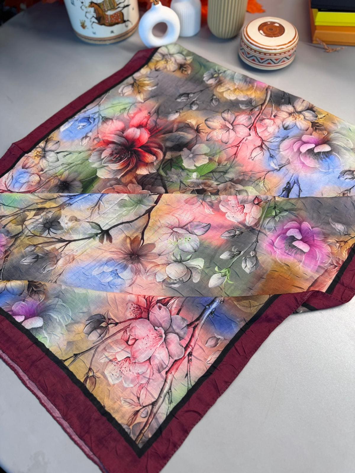 Flowers Kraş Desenli Şal - ŞL100234- Bordo